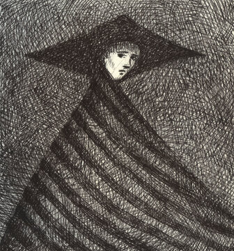 Hand ink drawing of a man in a striped robe
