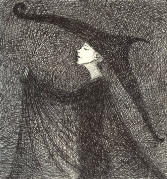 Hand ink drawing of a magical woman in a cloak