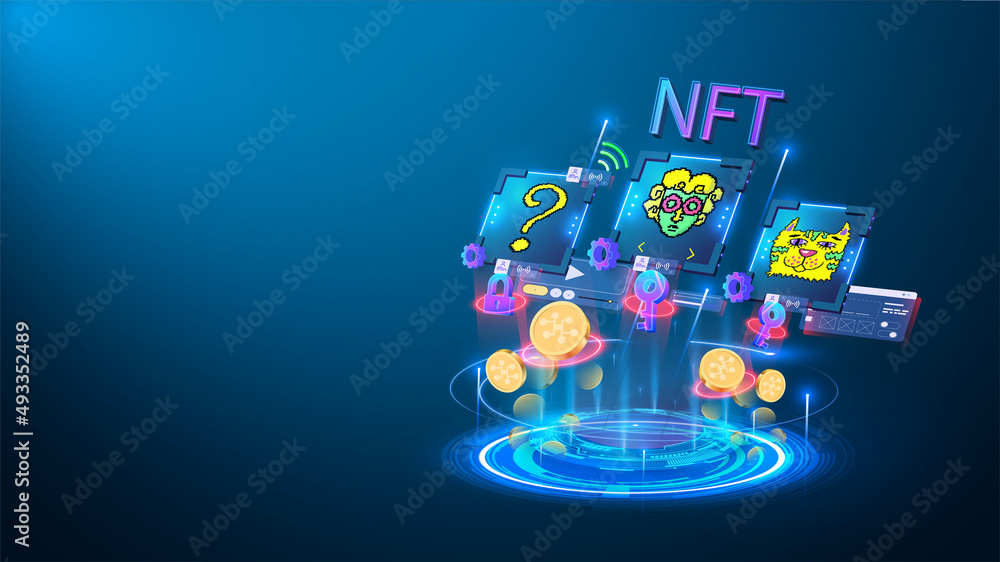 Poster nft token in artwork. platform showing net crypto art hologram. nft token in blockchain technology i