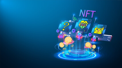 NFT token in artwork. Platform showing NET crypto art hologram. NFT token in blockchain technology in digital crypto art. Pixel art cryptopunks monkey, question and character set. Conceptual banner. - obrazy, fototapety, plakaty
