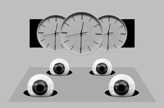 Digital Collage With Eyebalss And Clocks