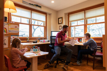 Father Working from Home office with doing homework