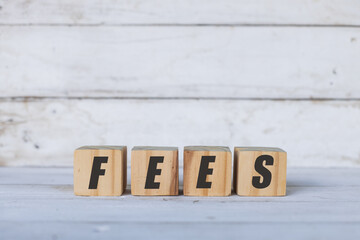 fees concept written on wooden cubes or blocks, on white wooden background.