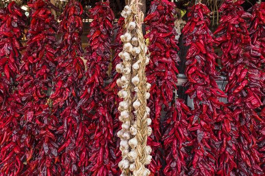 Red chillies with a strip of garlic in the middle
