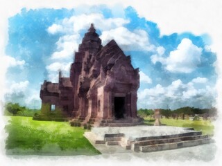 Fototapeta na wymiar Ancient stone castle and ancient pattern art in Thailand watercolor style illustration impressionist painting.