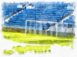 stadium football field watercolor style illustration impressionist painting.