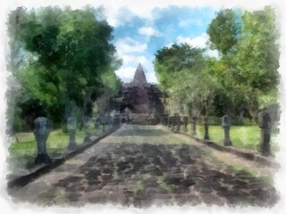 Ancient stone castle and ancient pattern art in Thailand watercolor style illustration impressionist painting.
