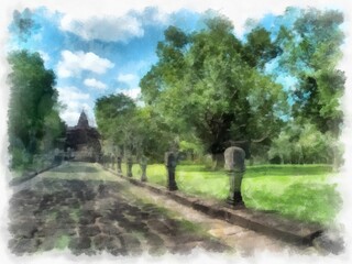 Ancient stone castle and ancient pattern art in Thailand watercolor style illustration impressionist painting.