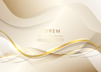 Abstract 3d template soft brown background with gold lines curved wavy sparking with copy space for text. Luxury style.