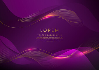 Luxury concept template 3d violet curve shape on violet elegangt background and golden ribbon line with copy space for text.