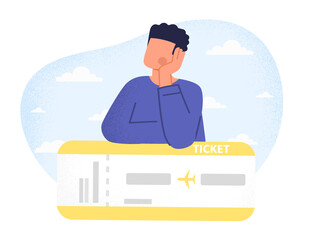 Man with Boarding pass concept. Young male character relies on ticket and dreams of traveling to other countries. Guy getting ready for vacation and plane flight. Cartoon flat vector illustration