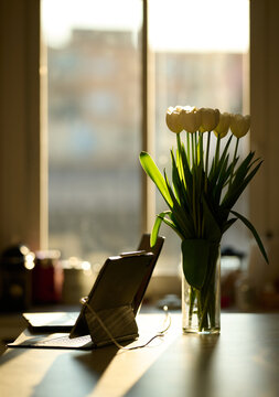 Laptop, iPad and Flowers. Gadgets