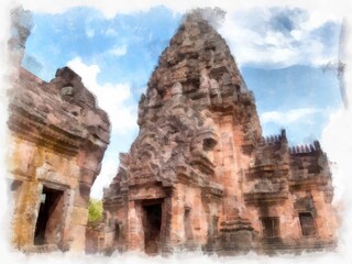 Naklejka premium Ancient stone castle and ancient pattern art in Thailand watercolor style illustration impressionist painting.