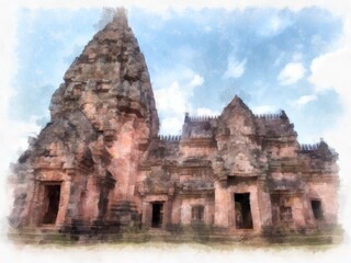 Fototapeta na wymiar Ancient stone castle and ancient pattern art in Thailand watercolor style illustration impressionist painting.