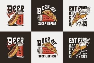 Beer can and mug with pizza and hot dog for print bistro. Original brew design with tin of beer and hotdog or fast food for bar