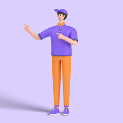 3d male character pointing with two hands and fingers to the side.