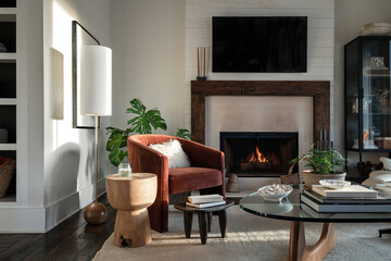 Interior image of a modern living room with fireplace