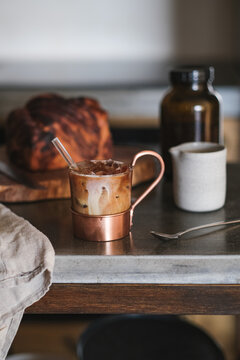 Close-up of iced latte coffee