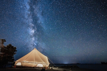 Bell Tent With Milky Way Night Sky on Remote Northern Island