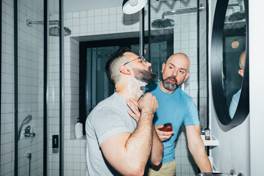 Gay Couple Shaving in Bathroom