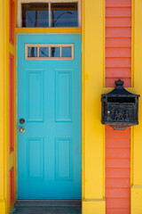 The exterior wall of colorful orange and yellow wooden clapboard siding building with a bright blue...