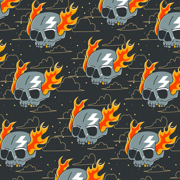 skull drawing on fire pattern design 
