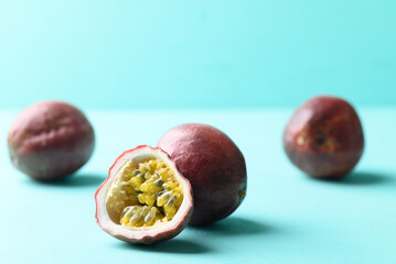 Passion fruit on pastel color background, Tropical fruit in summer season