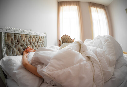 Sleeping Woman White Blanket Morning