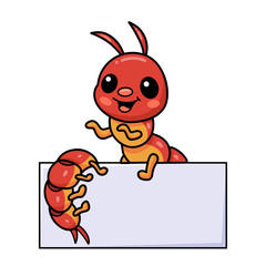 Cute little centipede cartoon with blank sign