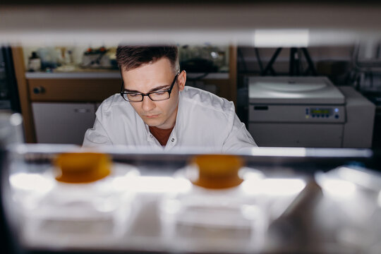 Focused man working in biochemical laboratory