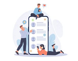 Friends chatting and texting concept. Men and women sitting or standing next to large smartphone, writing messages on social networks or chat. Online communication. Cartoon flat vector illustration