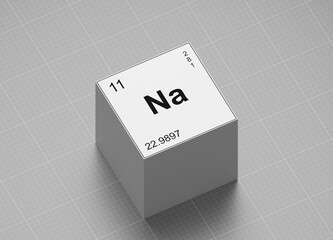 Sodium element symbol, from periodic table on white cube on milimeter paper 3D render orthographic projection view	
