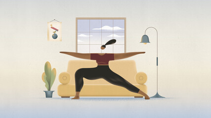 black woman do fitness exercise in Warrior yoga Pose