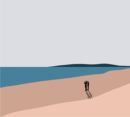 Naklejka na ściany i meble Silhouette couple walking together on beach. Vector illustration. Panoramic wallpaper with seascape.