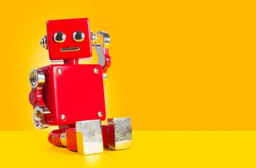 Red colored old fashioned retro metal toy robot sitting on orange background.