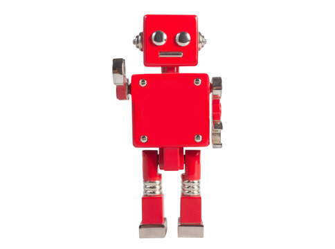Isolated photo of old fashioned red colored robot toy on white background.