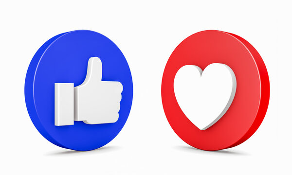 3d heart like and thumbs up 3d social network. white background.