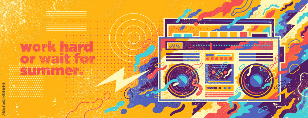 Poster abstract lifestyle background design with retro boombox and colorful splashing shapes. vector illust