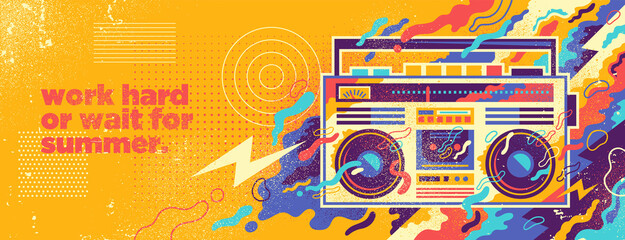 Fototapeta premium Abstract lifestyle background design with retro boombox and colorful splashing shapes. Vector illustration.