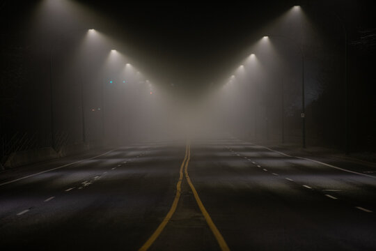 Foggy Road with Street Lamps