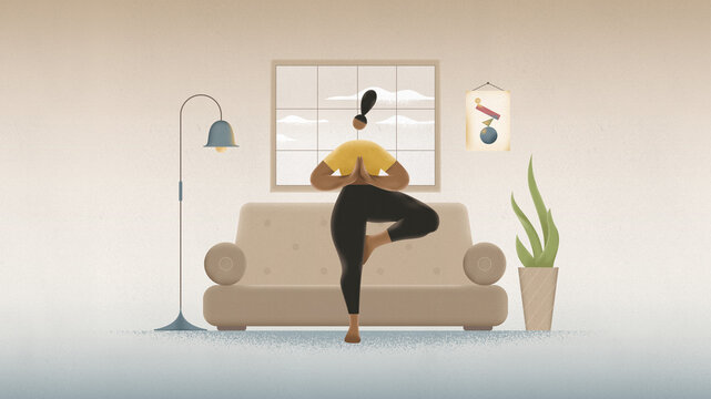 black woman does fitness exercise.Vrikshasana Tree Pose