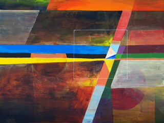 A geometric abstract painting; number 7 is an element.