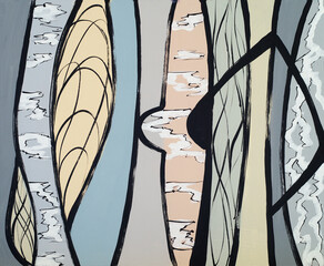 An abstract painting; shapes suggestive of woodland.