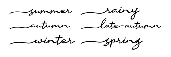 Set of Seasons Handwriting Black Letter Calligraphy. Summer Rainy Autumn Late-Autumn Winter Spring