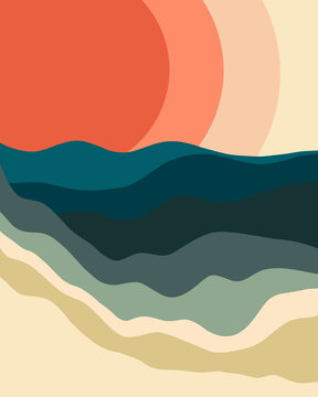 Abstract Beach Illustration With A Setting Sun