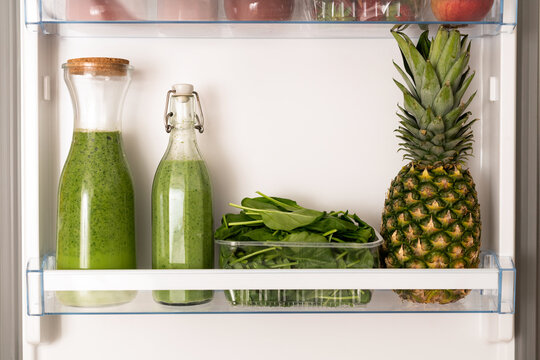 Healthy drinks concept. Fruit juices stored in fridge