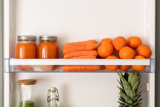 Healthy Drinks Concept. Fruit Juices Stored In Fridge