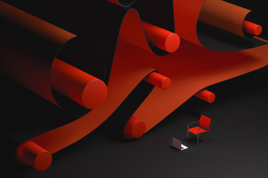 Laptop and chair next to an abstract background