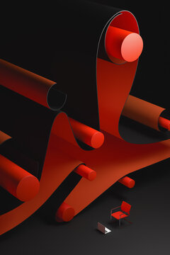 Laptop and chair next to an abstract background