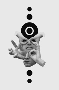 Collage In Surrealism style With Male Faces And Hands